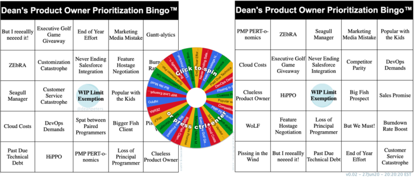 Dean's Product Owner Prioritization Bingo™.