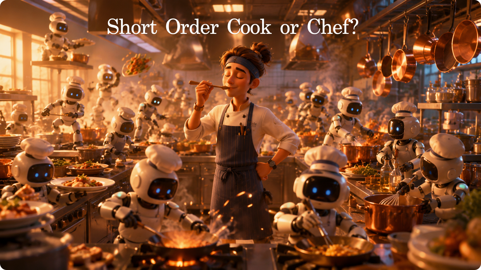 Pixar-style illustration: a calm human chef tastes from a spoon amid a frantic kitchen full of robot line cooks, representing the product manager who runs the kitchen rather than just cooking fast.